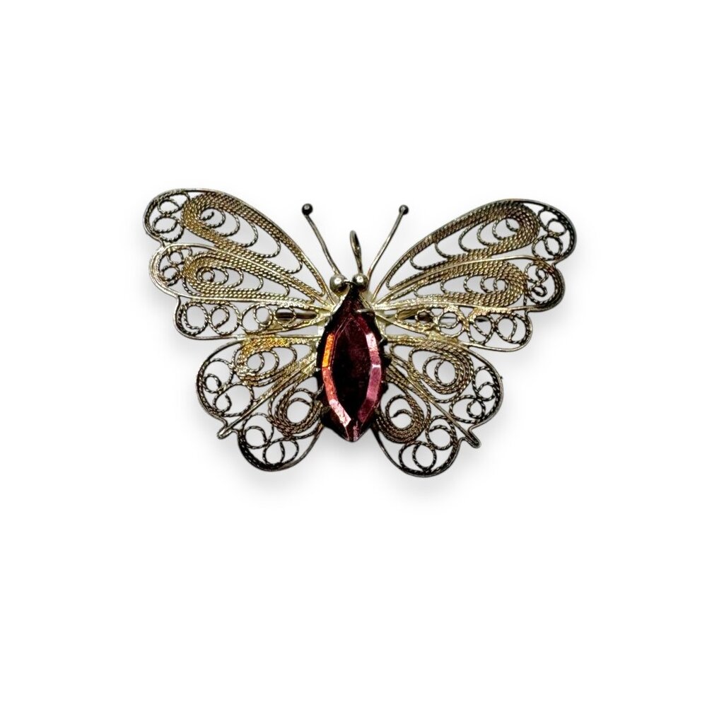 BAC Butterfly Filigree Sterling Silver Brooch Purple Crystal Vintage